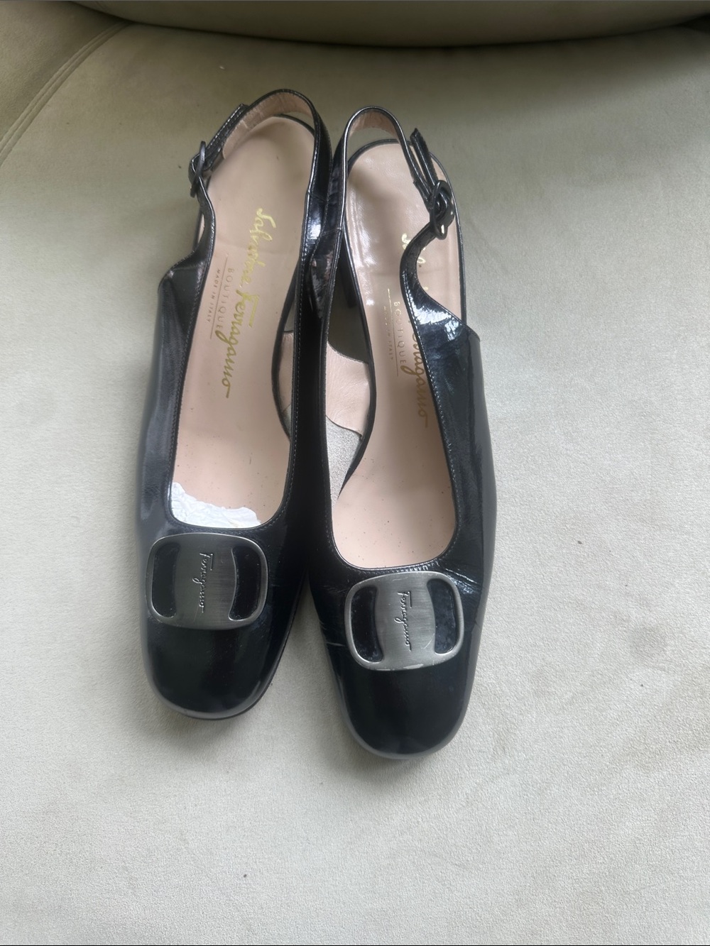 Salvatore Ferragamo Black Patent Slingback Mules with Signature Buckle